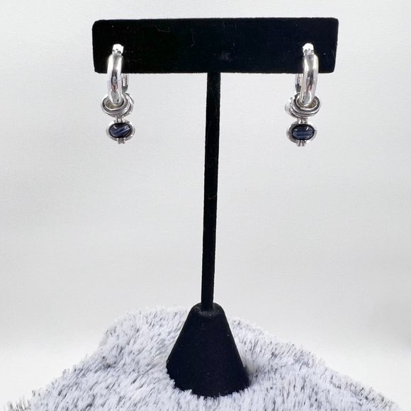 NWOT - Liz Claiborne - Blue Charm Silver Tone Hoop Earrings w/ Latch Backs - Picture 3 of 6